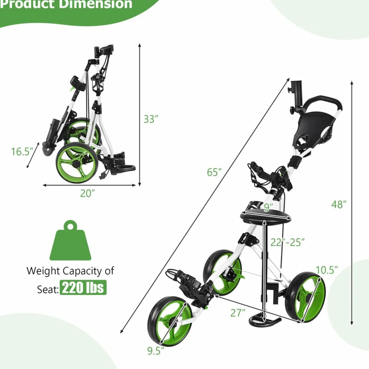 Tangkula Golf Push Cart with Seat, Lightweight Folding 3 Wheels Golf Pull Cart, Golf Trolley with Scoreboard Bag Foot Brake