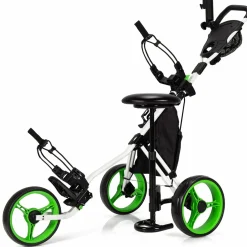 Tangkula Golf Push Pull Cart with Seat, Lightweight Foldable Collapsible 3 Wheels Golf Push Cart, Golf Trolley W/Storage Bag Foot Brake