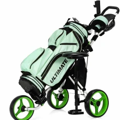 Tangkula Golf Push Pull Cart with Seat, Lightweight Foldable Collapsible 3 Wheels Golf Push Cart, Golf Trolley W/Storage Bag Foot Brake