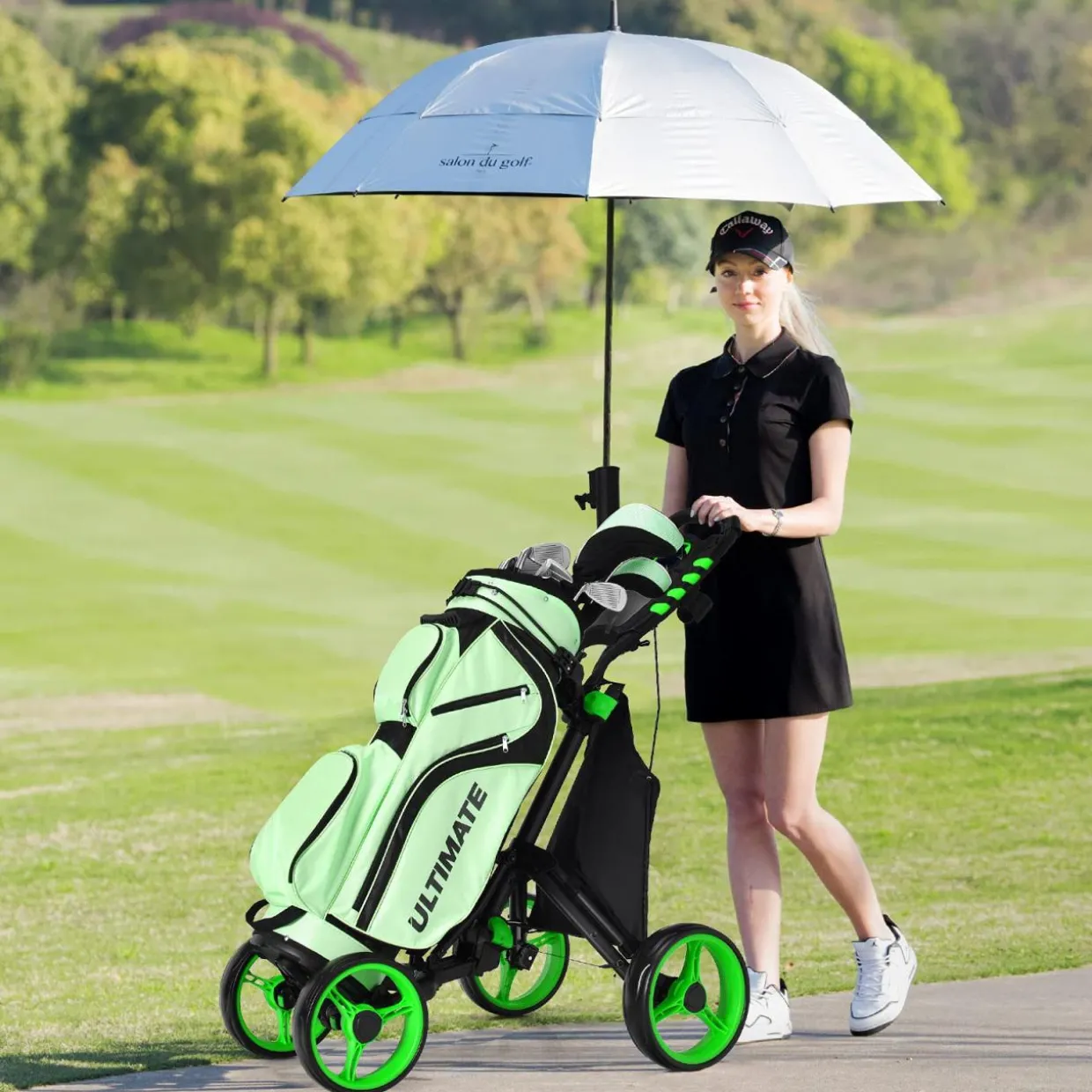 Tangkula Golf Push Pull Cart, Lightweight Aluminum Collapsible 4 Wheels Golf Push Cart, Golf Trolley with Waterproof Bag & Foot Brake