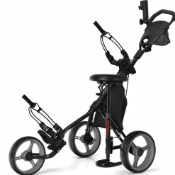 Tangkula Golf Push Pull Cart with Seat, Lightweight Foldable Collapsible 3 Wheels Golf Push Cart, Golf Trolley W/Storage Bag Foot Brake