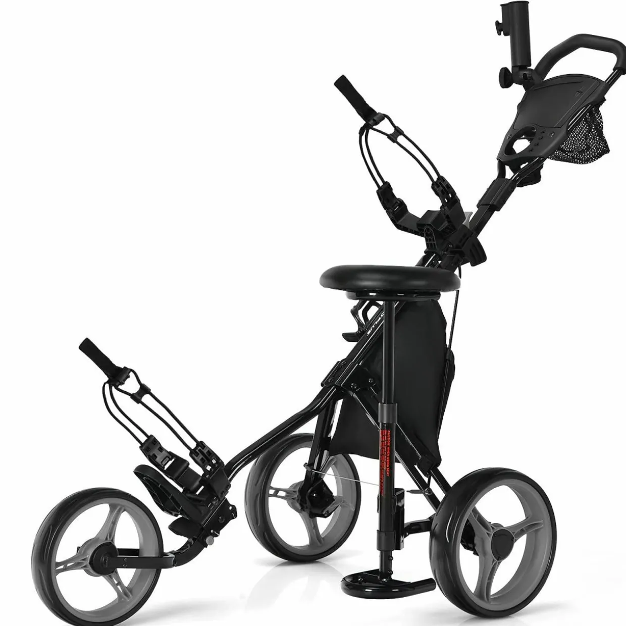 Tangkula Golf Push Pull Cart with Seat, Lightweight Foldable Collapsible 3 Wheels Golf Push Cart, Golf Trolley W/Storage Bag Foot Brake