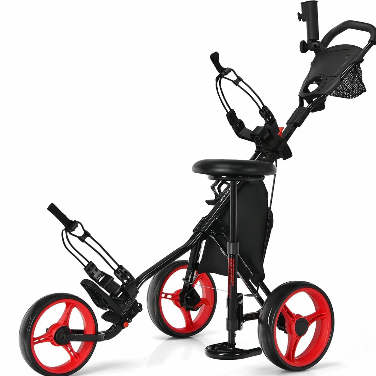Tangkula Golf Push Pull Cart with Seat, Lightweight Foldable Collapsible 3 Wheels Golf Push Cart, Golf Trolley W/Storage Bag Foot Brake