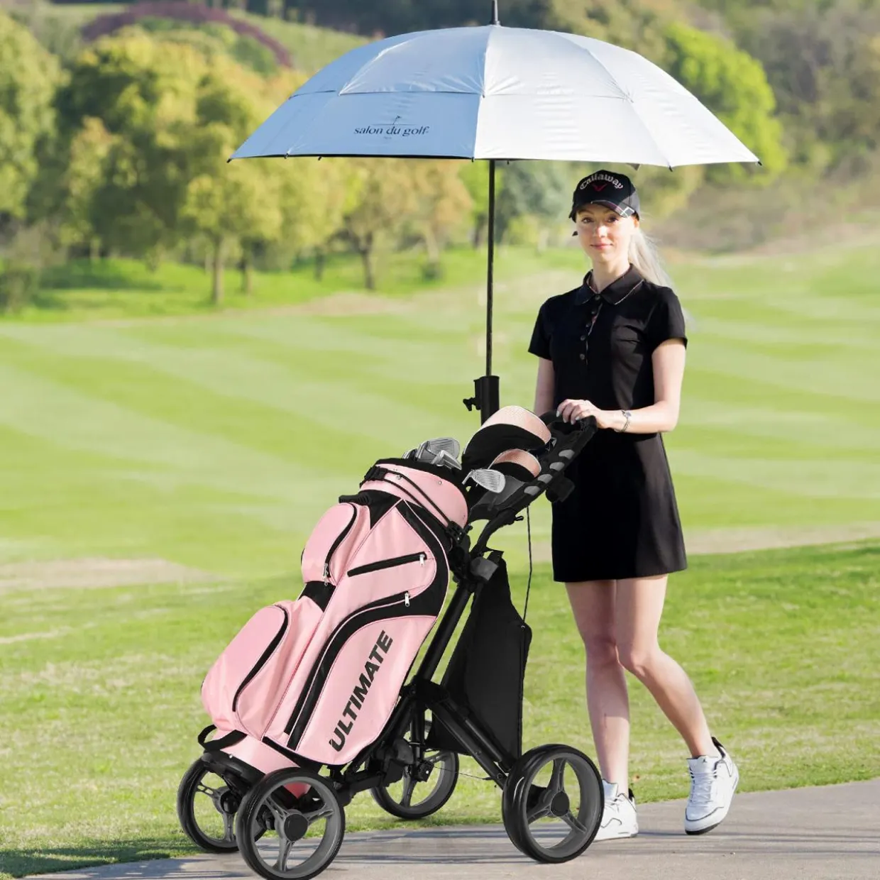 Tangkula Golf Push Pull Cart, Lightweight Aluminum Collapsible 4 Wheels Golf Push Cart, Golf Trolley with Waterproof Bag & Foot Brake