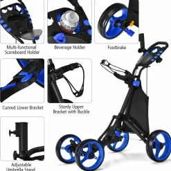 Tangkula Golf Push Pull Cart, Lightweight Aluminum Collapsible 4 Wheels Golf Push Cart, Golf Trolley with Waterproof Bag & Foot Brake