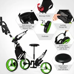 Tangkula Golf Push Pull Cart with Seat, Lightweight Foldable Collapsible 3 Wheels Golf Push Cart, Golf Trolley W/Storage Bag Foot Brake