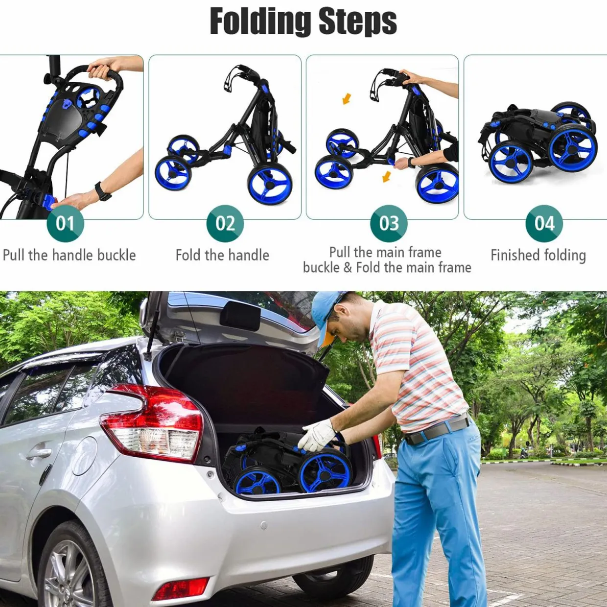 Tangkula Golf Push Pull Cart, Lightweight Aluminum Collapsible 4 Wheels Golf Push Cart, Golf Trolley with Waterproof Bag & Foot Brake