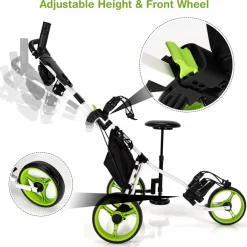 Tangkula Golf Push Pull Cart with Seat, Lightweight Foldable Collapsible 3 Wheels Golf Push Cart, Golf Trolley W/Storage Bag Foot Brake
