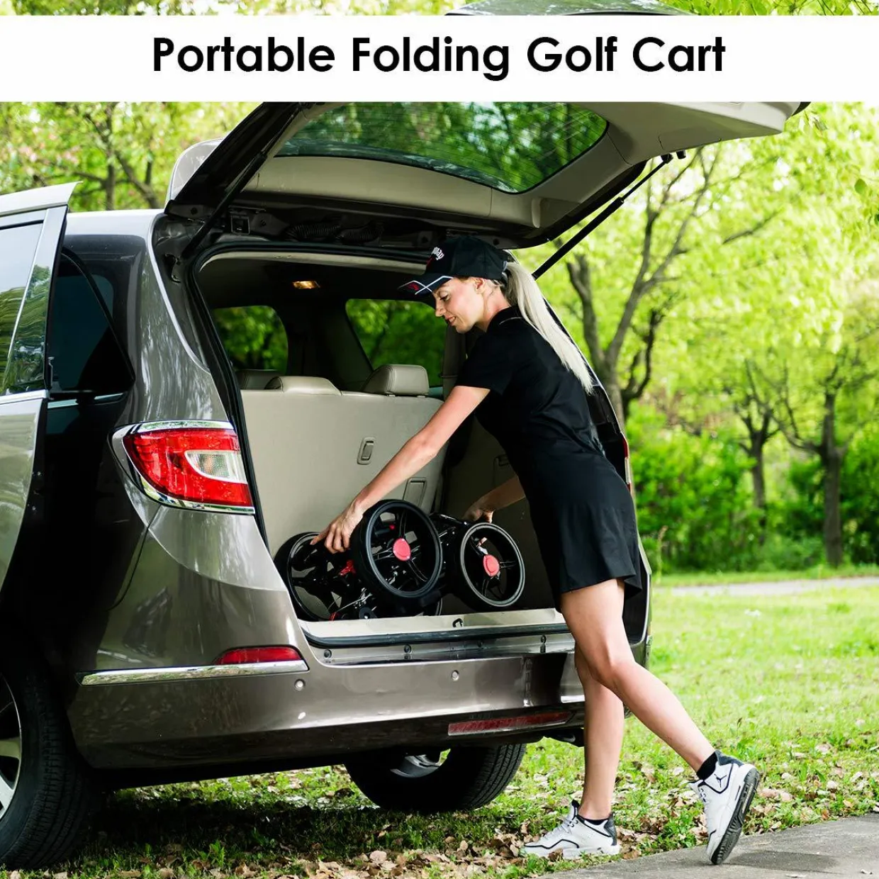 Tangkula Golf Push Pull Cart, 4 Wheels Foldable Collapsible Golf Trolley with Umbrella Holder, Foot Brake, Scorecard & Drink Holder