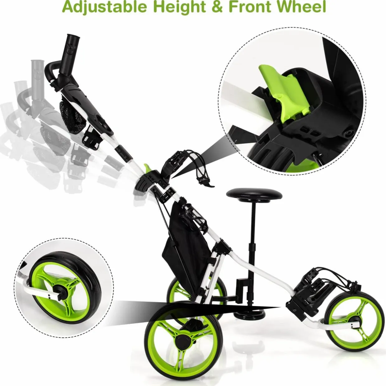 Tangkula Golf Push Pull Cart with Seat, Lightweight Foldable Collapsible 3 Wheels Golf Push Cart, Golf Trolley W/Storage Bag Foot Brake