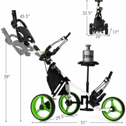Tangkula Golf Push Pull Cart with Seat, Lightweight Foldable Collapsible 3 Wheels Golf Push Cart, Golf Trolley W/Storage Bag Foot Brake