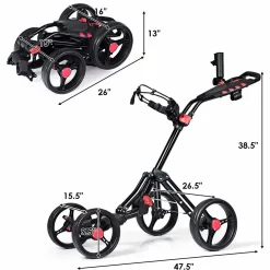 Tangkula Golf Push Pull Cart, 4 Wheels Foldable Collapsible Golf Trolley with Umbrella Holder, Foot Brake, Scorecard & Drink Holder