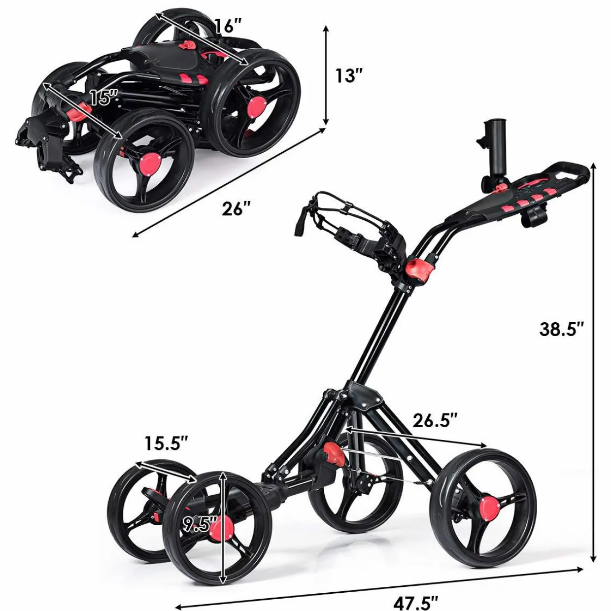 Tangkula Golf Push Pull Cart, 4 Wheels Foldable Collapsible Golf Trolley with Umbrella Holder, Foot Brake, Scorecard & Drink Holder