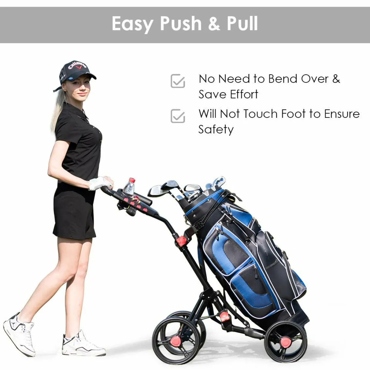 Tangkula Golf Push Pull Cart, 4 Wheels Foldable Collapsible Golf Trolley with Umbrella Holder, Foot Brake, Scorecard & Drink Holder
