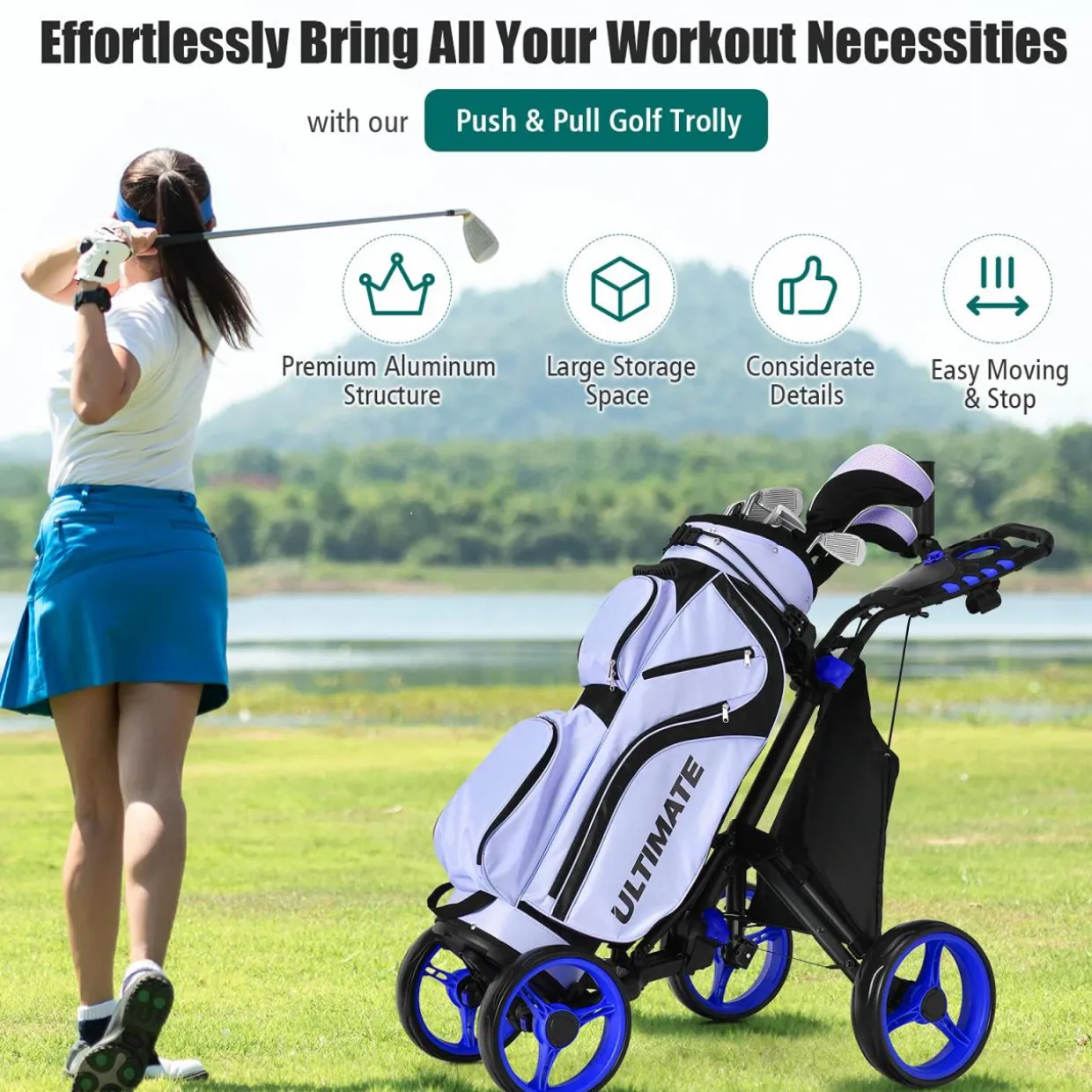 Tangkula Golf Push Pull Cart, Lightweight Aluminum Collapsible 4 Wheels Golf Push Cart, Golf Trolley with Waterproof Bag & Foot Brake
