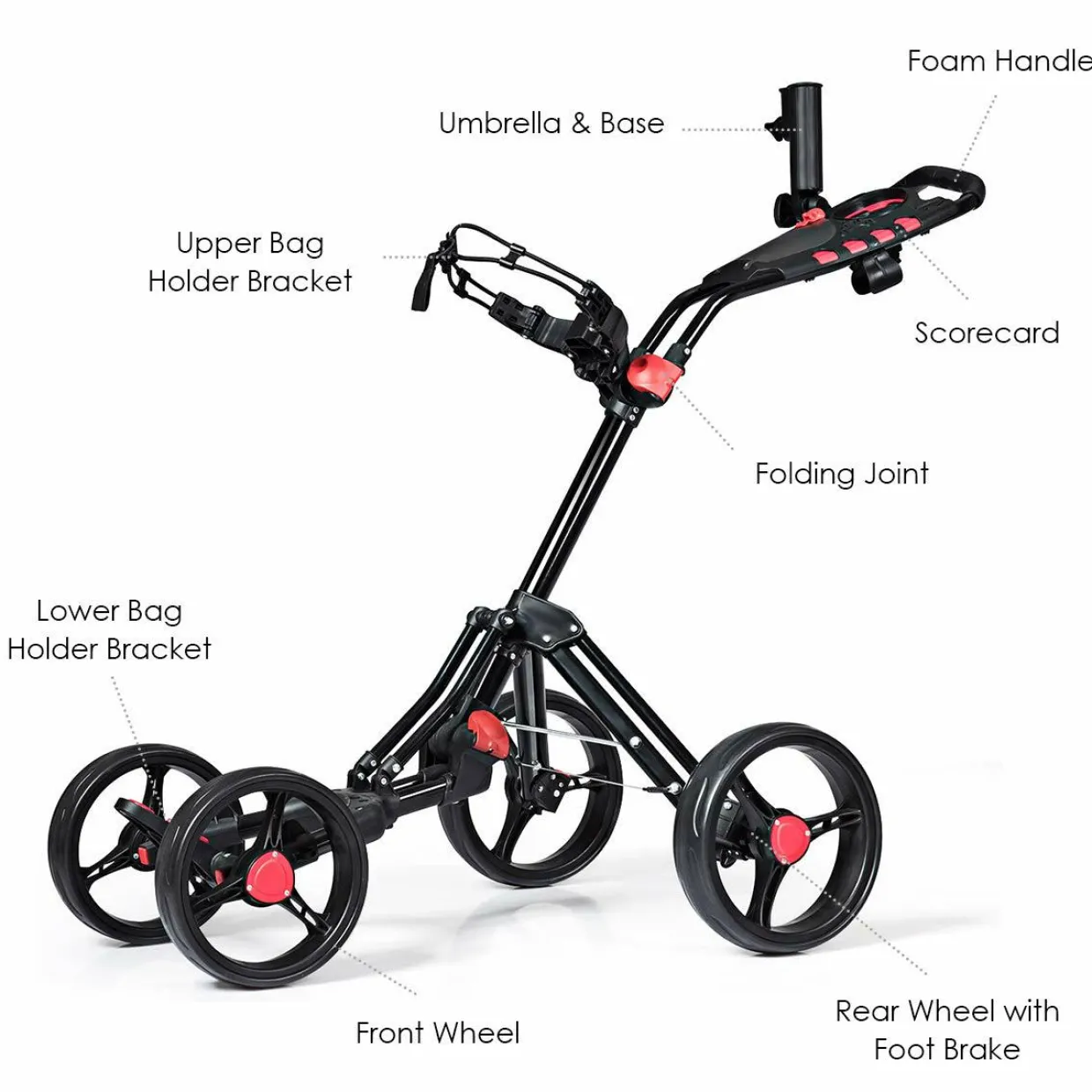 Tangkula Golf Push Pull Cart, 4 Wheels Foldable Collapsible Golf Trolley with Umbrella Holder, Foot Brake, Scorecard & Drink Holder