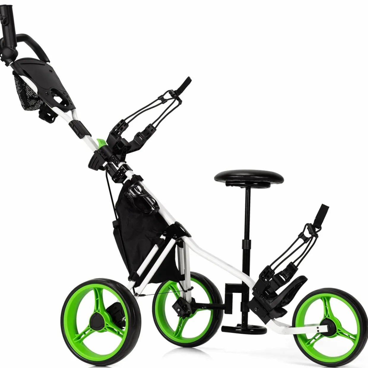 Tangkula Golf Push Pull Cart with Seat, Lightweight Foldable Collapsible 3 Wheels Golf Push Cart, Golf Trolley W/Storage Bag Foot Brake