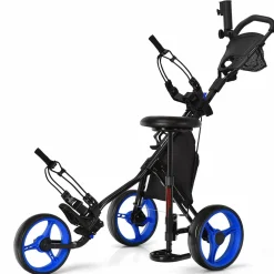 Tangkula Golf Push Pull Cart with Seat, Lightweight Foldable Collapsible 3 Wheels Golf Push Cart, Golf Trolley W/Storage Bag Foot Brake