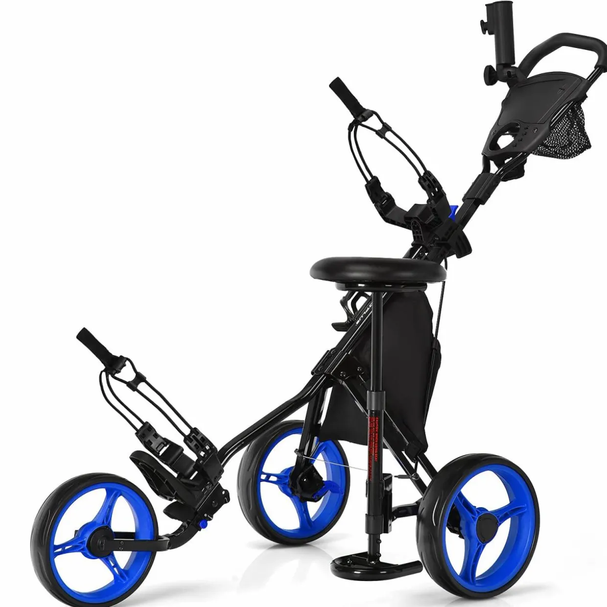 Tangkula Golf Push Pull Cart with Seat, Lightweight Foldable Collapsible 3 Wheels Golf Push Cart, Golf Trolley W/Storage Bag Foot Brake