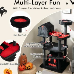 Tangkula Gothic Cat Tree, 49 Inch Black Cat Tower with Coffin Cat Bed, 2 Cat Condos, Scratching Posts