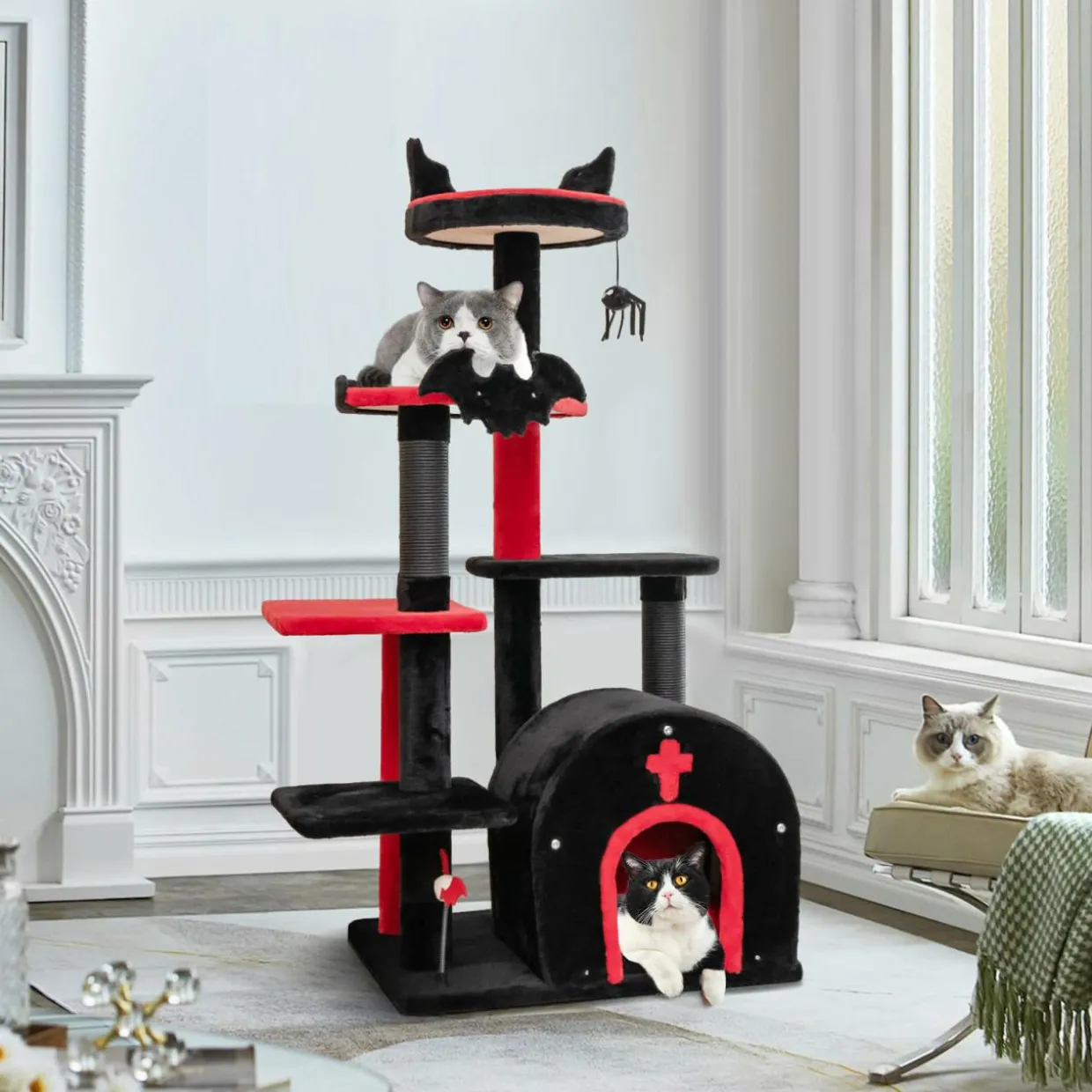 Tangkula Gothic Cat Tree, 53 Inch Black Cat Tower with Coffin Cat Bed, Spider Pompom & Spring Balls