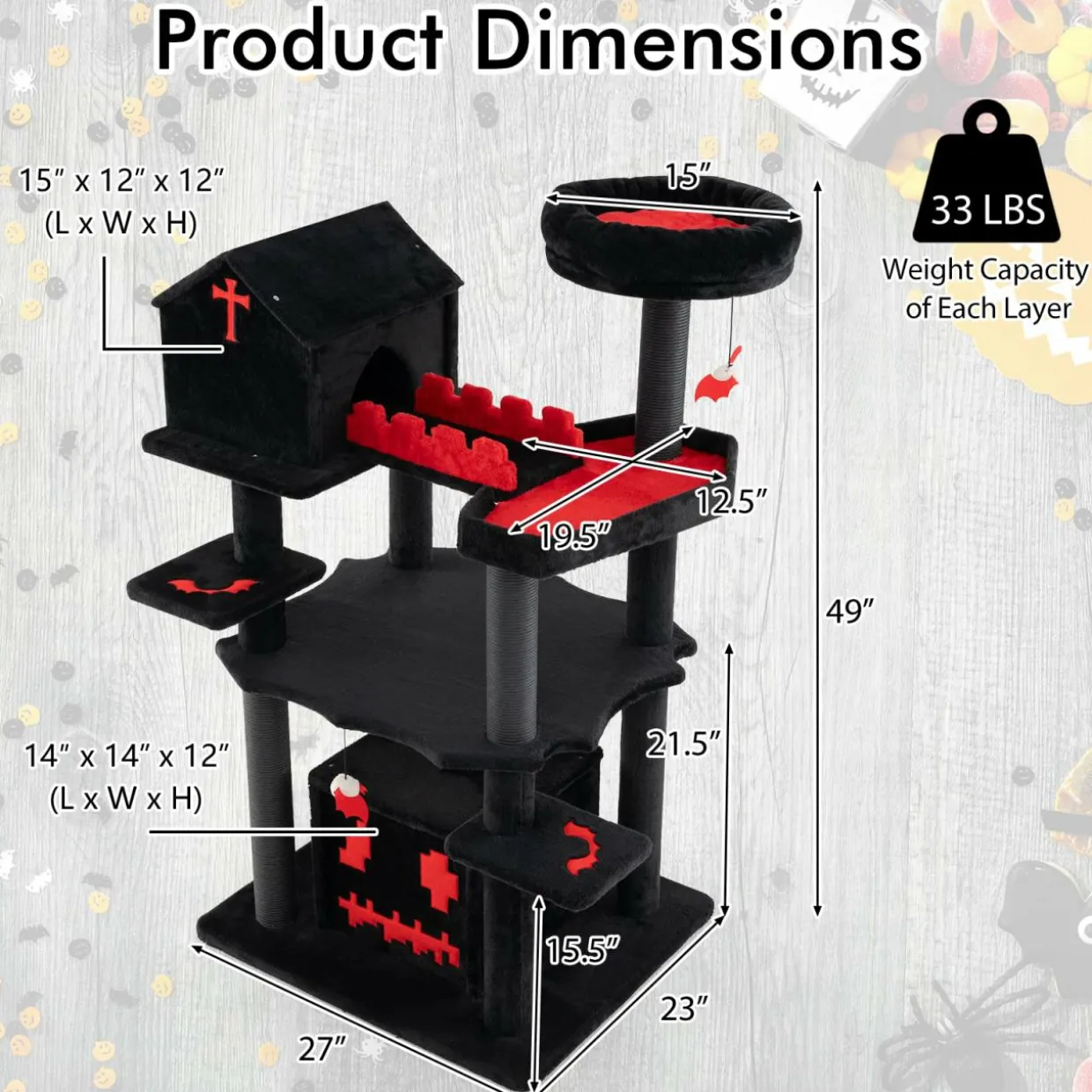 Tangkula Gothic Cat Tree, 49 Inch Black Cat Tower with Coffin Cat Bed, 2 Cat Condos, Scratching Posts