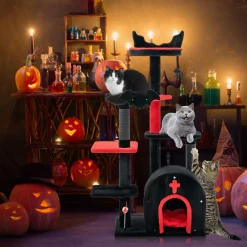 Tangkula Gothic Cat Tree, 53 Inch Black Cat Tower with Coffin Cat Bed, Spider Pompom & Spring Balls