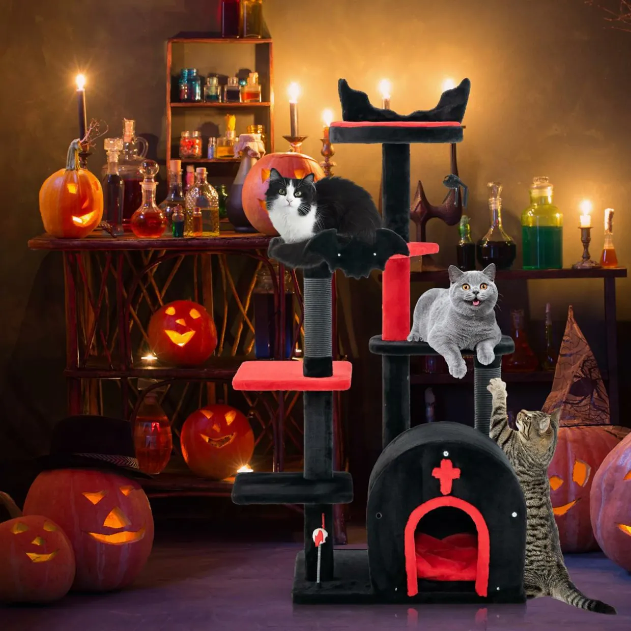 Tangkula Gothic Cat Tree, 53 Inch Black Cat Tower with Coffin Cat Bed, Spider Pompom & Spring Balls