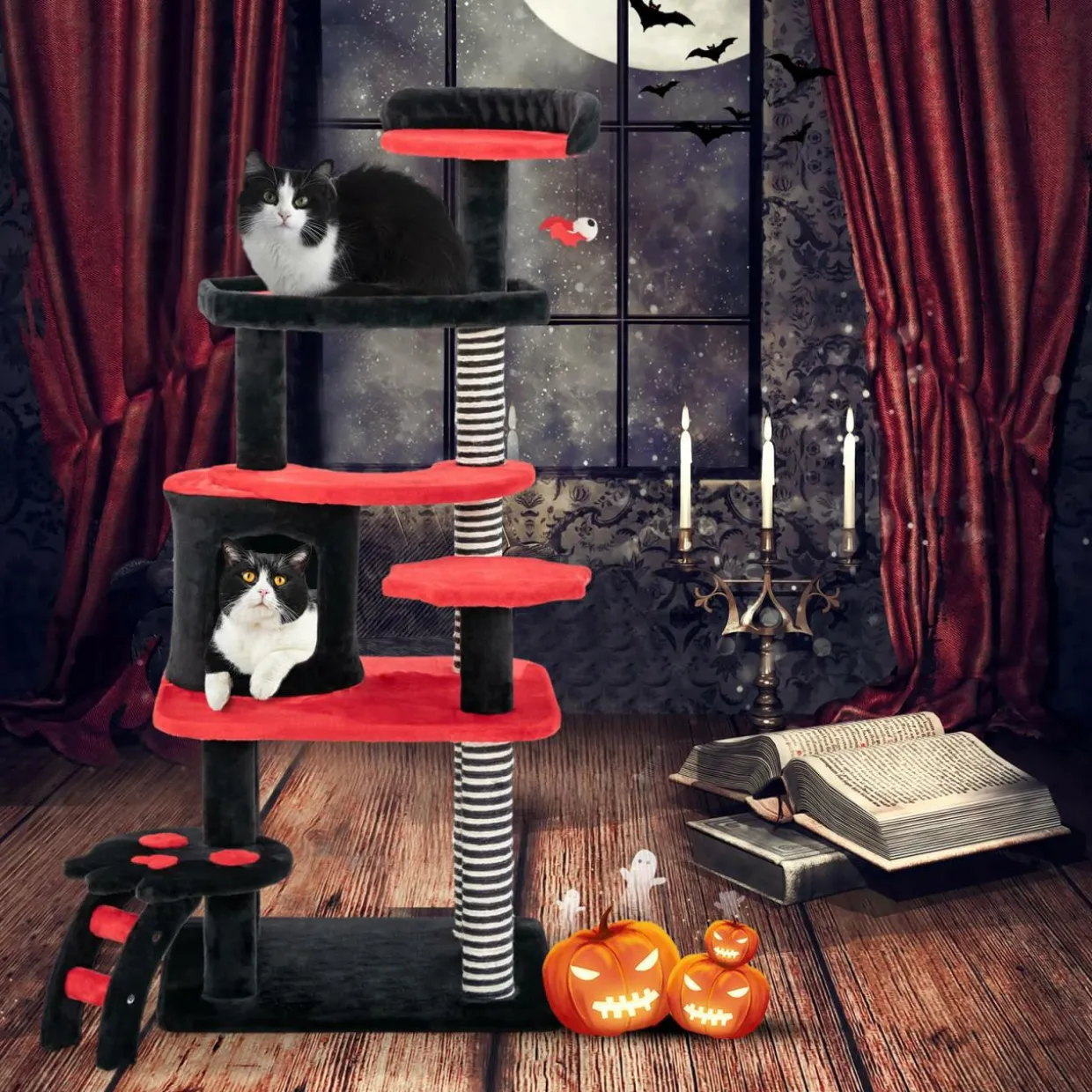 Tangkula Gothic Cat Tree, 52 Inch Black Cat Tower with Coffin Cat Bed, Cat Condo, Spooky Goth Cat Tree for Indoor Cats