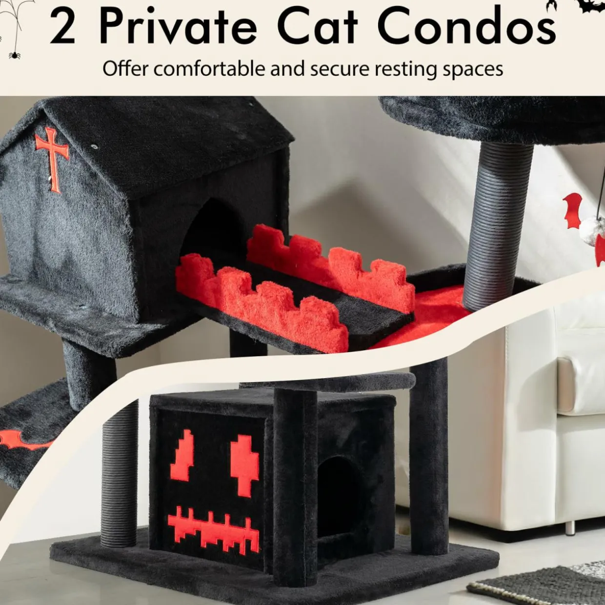 Tangkula Gothic Cat Tree, 49 Inch Black Cat Tower with Coffin Cat Bed, 2 Cat Condos, Scratching Posts