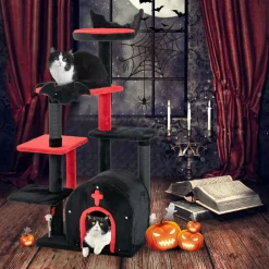 Tangkula Gothic Cat Tree, 53 Inch Black Cat Tower with Coffin Cat Bed, Spider Pompom & Spring Balls