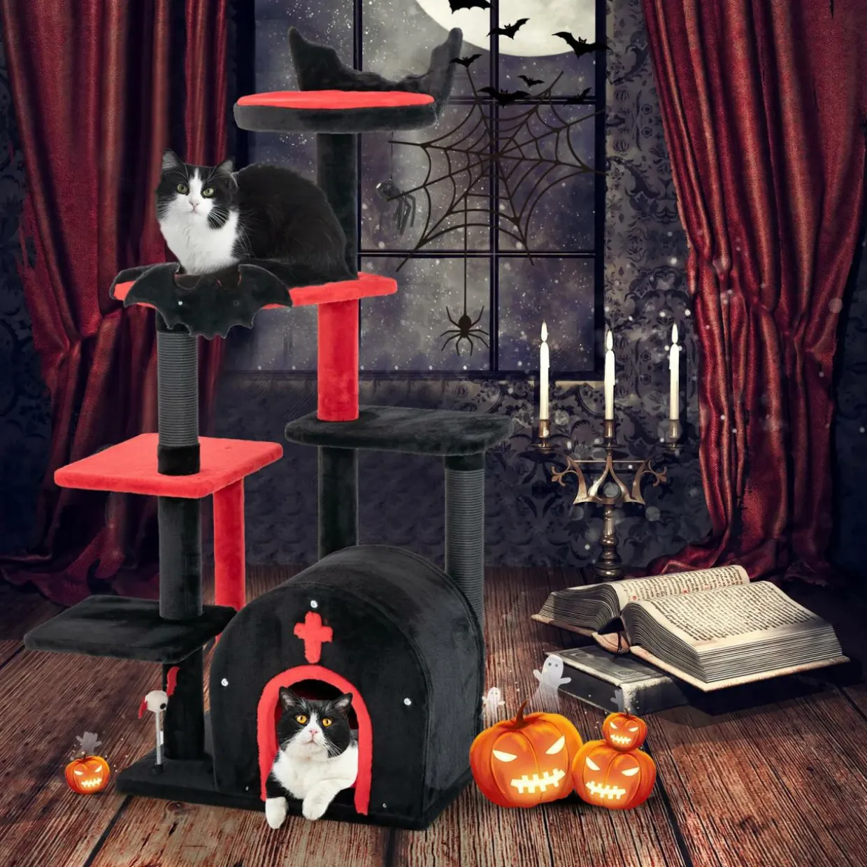 Tangkula Gothic Cat Tree, 53 Inch Black Cat Tower with Coffin Cat Bed, Spider Pompom & Spring Balls