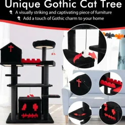 Tangkula Gothic Cat Tree, 49 Inch Black Cat Tower with Coffin Cat Bed, 2 Cat Condos, Scratching Posts