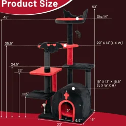 Tangkula Gothic Cat Tree, 53 Inch Black Cat Tower with Coffin Cat Bed, Spider Pompom & Spring Balls