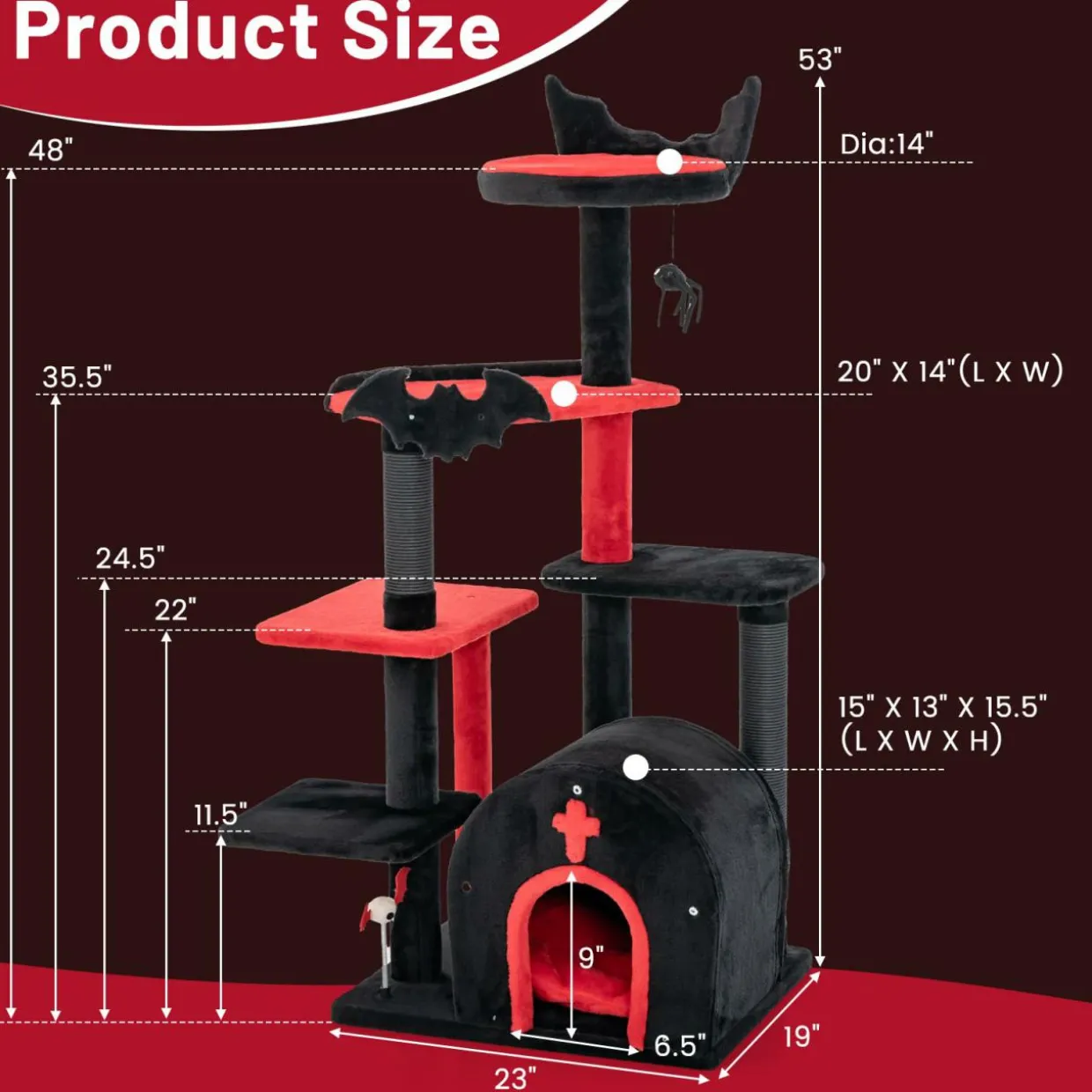 Tangkula Gothic Cat Tree, 53 Inch Black Cat Tower with Coffin Cat Bed, Spider Pompom & Spring Balls