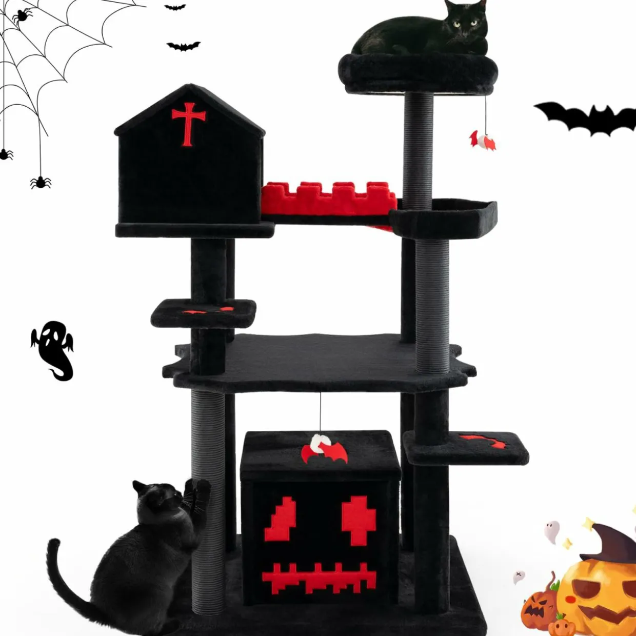 Tangkula Gothic Cat Tree, 49 Inch Black Cat Tower with Coffin Cat Bed, 2 Cat Condos, Scratching Posts
