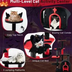 Tangkula Gothic Cat Tree, 53 Inch Black Cat Tower with Coffin Cat Bed, Spider Pompom & Spring Balls