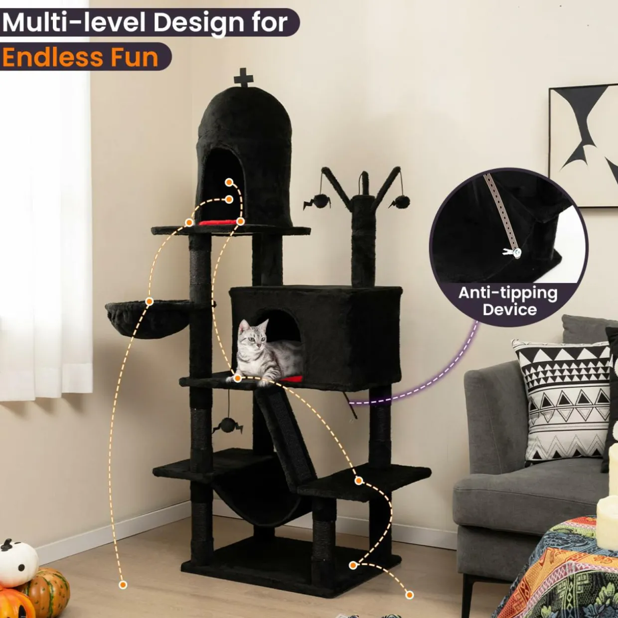 Tangkula Gothic Cat Tree, 67 Inch Tall Cat Tower with Sisal Scratching Posts and Ladder