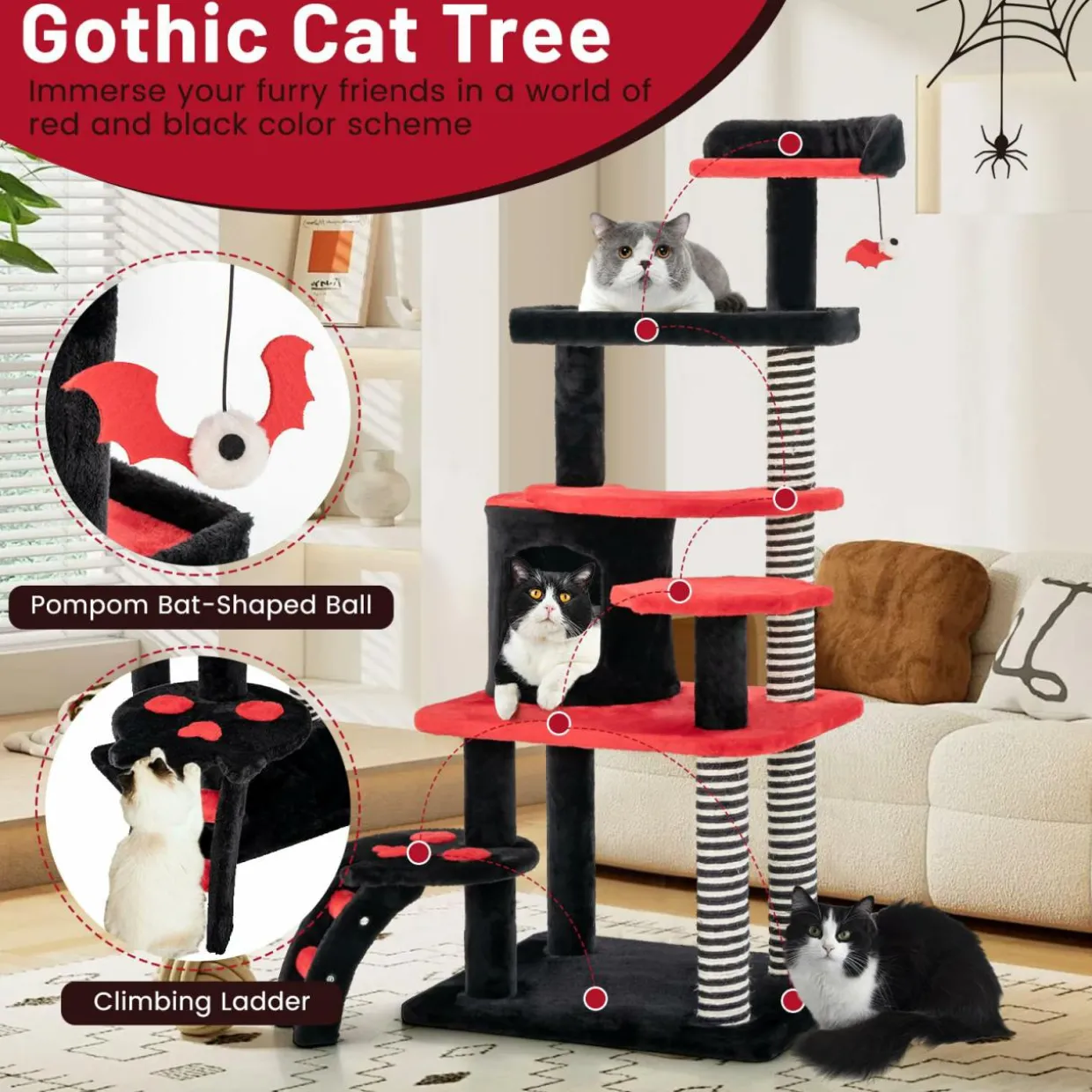 Tangkula Gothic Cat Tree, 52 Inch Black Cat Tower with Coffin Cat Bed, Cat Condo, Spooky Goth Cat Tree for Indoor Cats