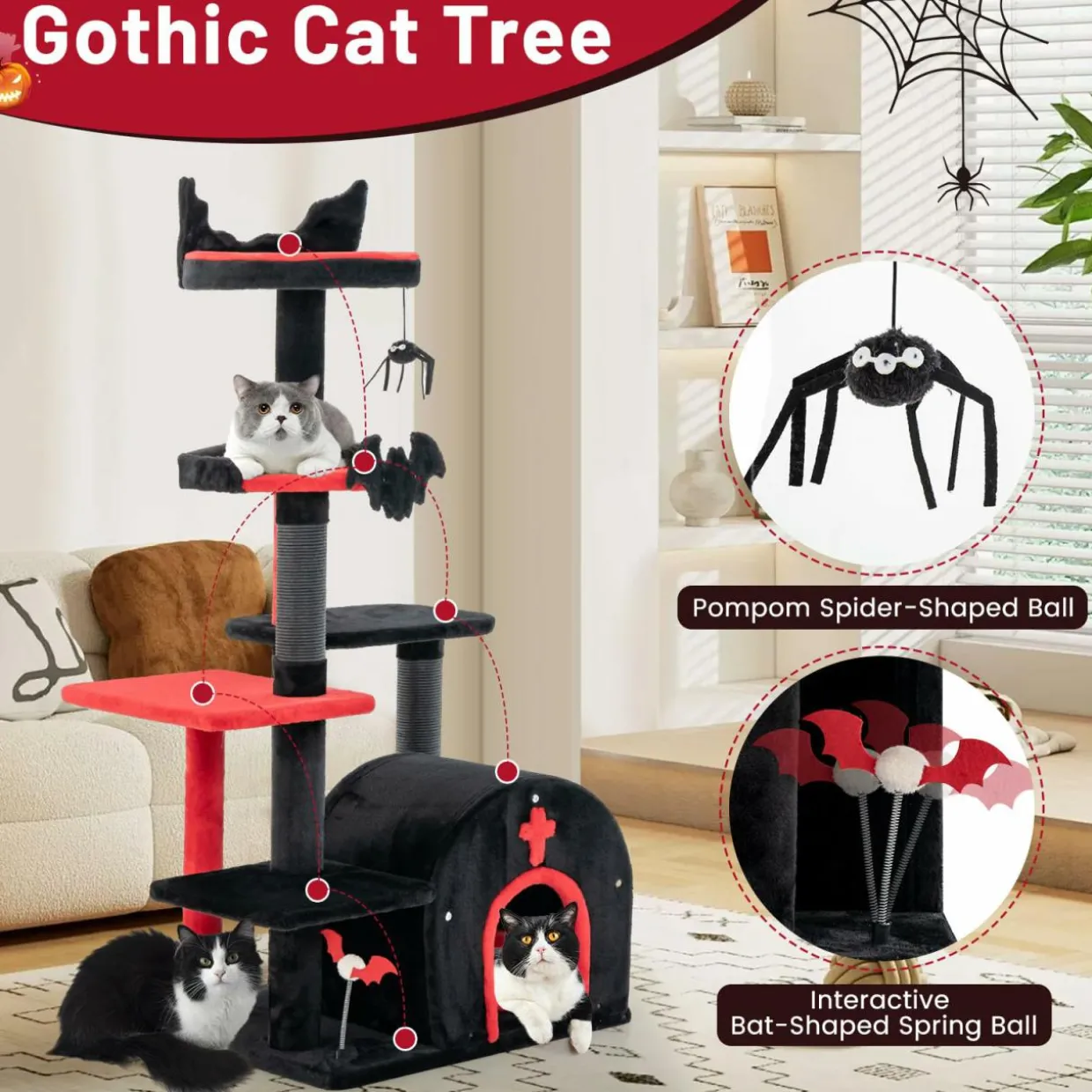 Tangkula Gothic Cat Tree, 53 Inch Black Cat Tower with Coffin Cat Bed, Spider Pompom & Spring Balls
