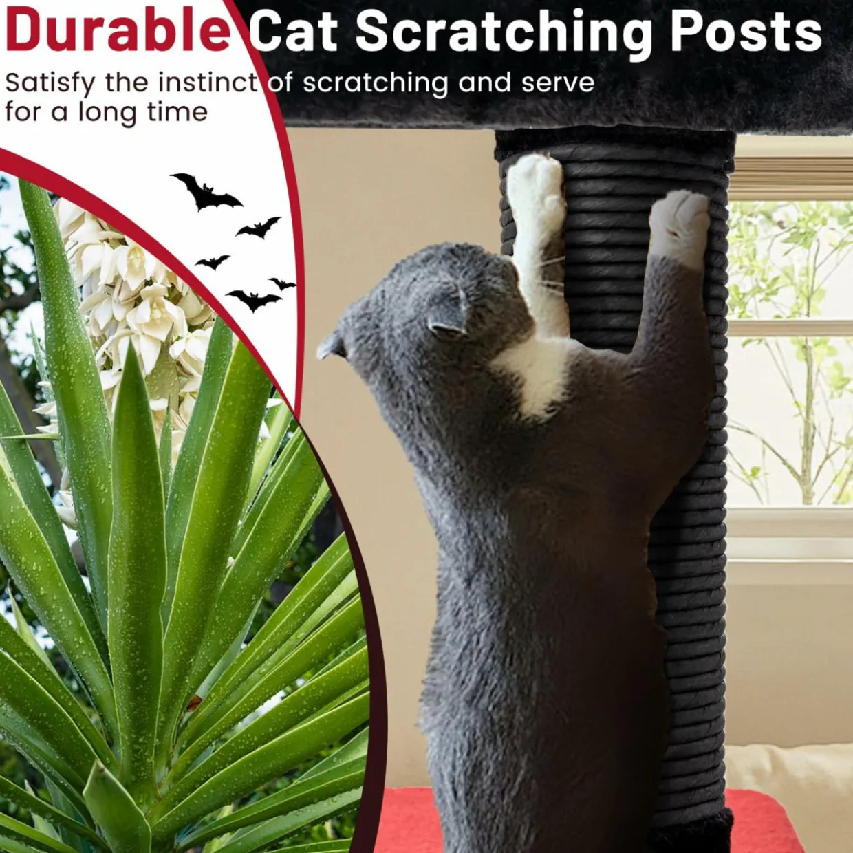 Tangkula Gothic Cat Tree, 53 Inch Black Cat Tower with Coffin Cat Bed, Spider Pompom & Spring Balls