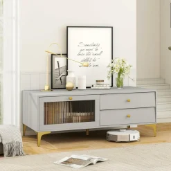 Tangkula Gray TV Stand for 55-Inch TV, 47.5” TV Console Table with Drawers
