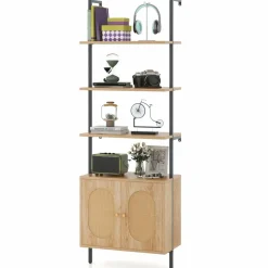 Tangkula 71"H Ladder Bookshelf with Cabinet, Farmhouse 6-Tier Wall Mounted Bookcase with Rattan Cabinet & Metal Frame