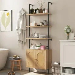 Tangkula 71"H Ladder Bookshelf with Cabinet, Farmhouse 6-Tier Wall Mounted Bookcase with Rattan Cabinet & Metal Frame