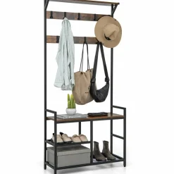 Tangkula Hall Tree with Bench and Shoe Storage, 3-in-1 Industrial Entryway Bench with Coat Rack