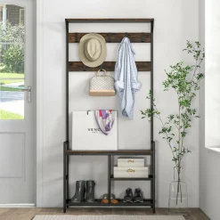 Tangkula Hall Tree with Bench and Shoe Storage, 3-in-1 Industrial Entryway Bench with Coat Rack
