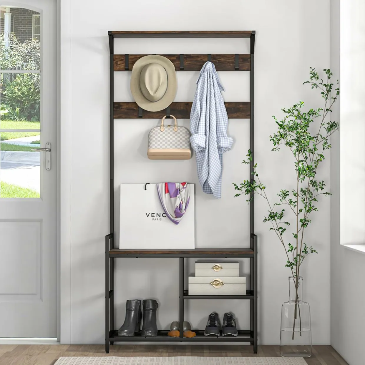Tangkula Hall Tree with Bench and Shoe Storage, 3-in-1 Industrial Entryway Bench with Coat Rack