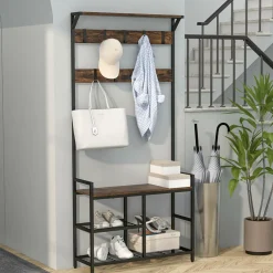 Tangkula Hall Tree with Bench and Shoe Storage, 3-in-1 Industrial Entryway Bench with Coat Rack