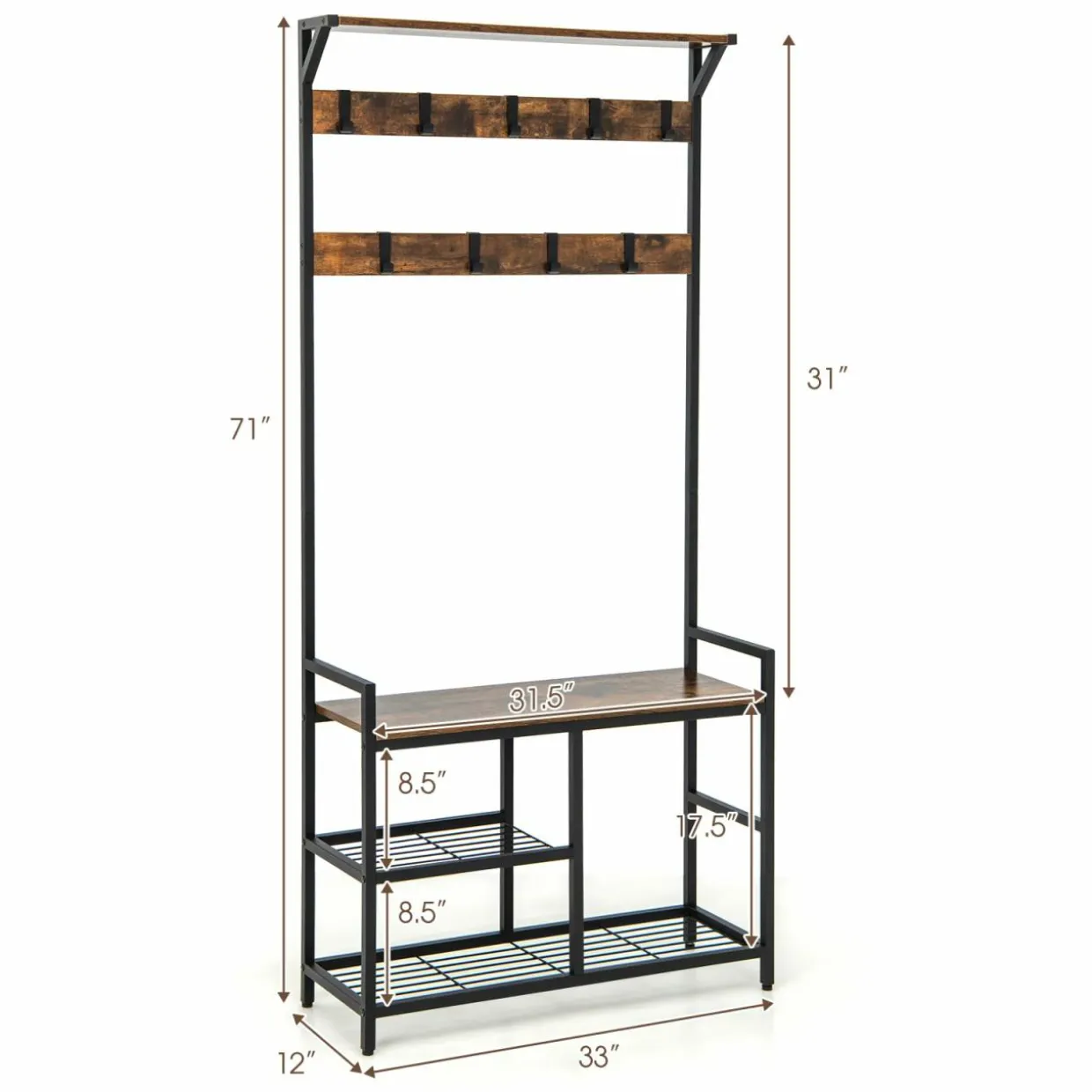 Tangkula Hall Tree with Bench and Shoe Storage, 3-in-1 Industrial Entryway Bench with Coat Rack