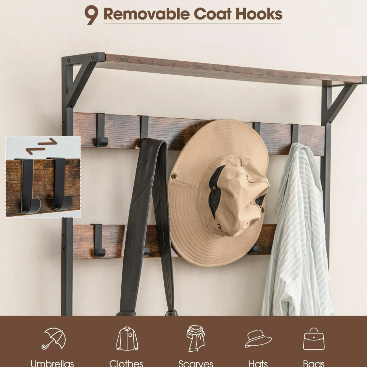Tangkula Hall Tree with Bench and Shoe Storage, 3-in-1 Industrial Entryway Bench with Coat Rack